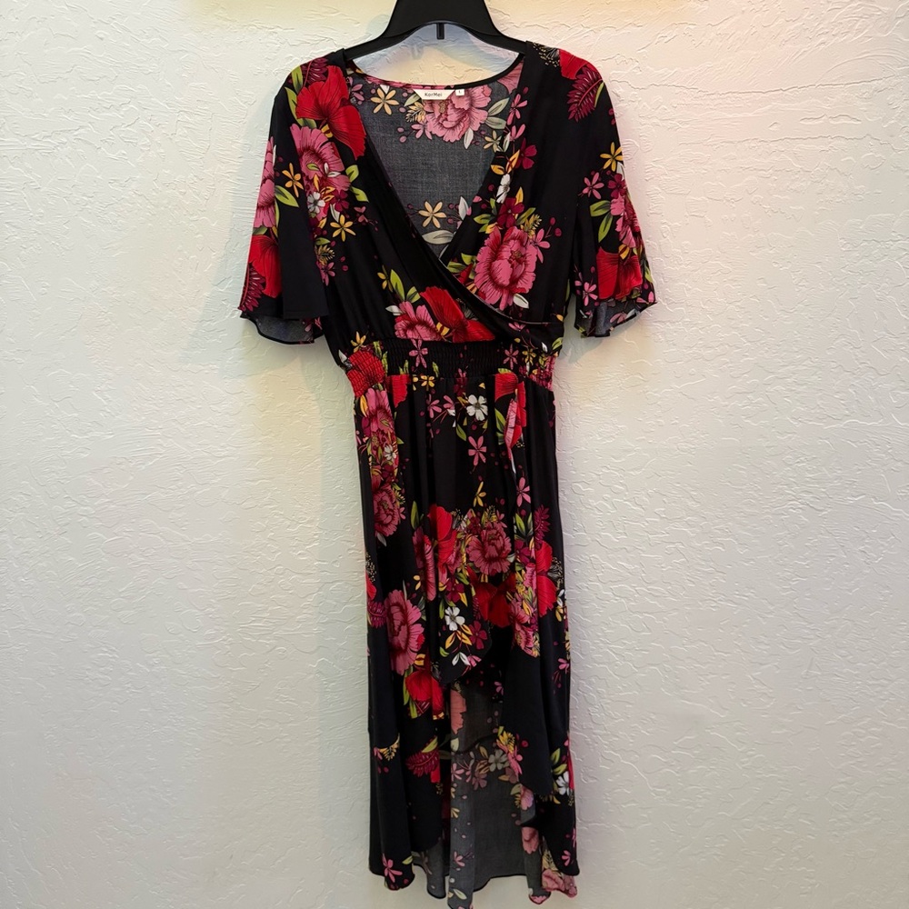 KorMei Women’s Floral Wrap Dress Size L Black Red Pink Boho Midi Short Sleeve